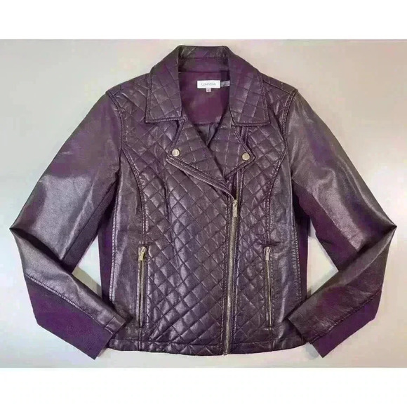 Calvin Klein Rich Purple Moto Jacket Gold Color Zippers Size Small